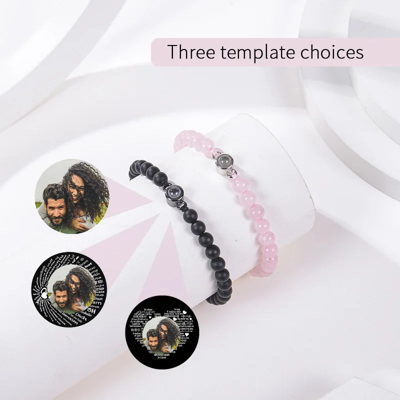 Natural Stone Beads Personalized Picture Bracelet Pink Zebra Stone Custom Photo Projection Bracelet Memorial Gifts for Women Men