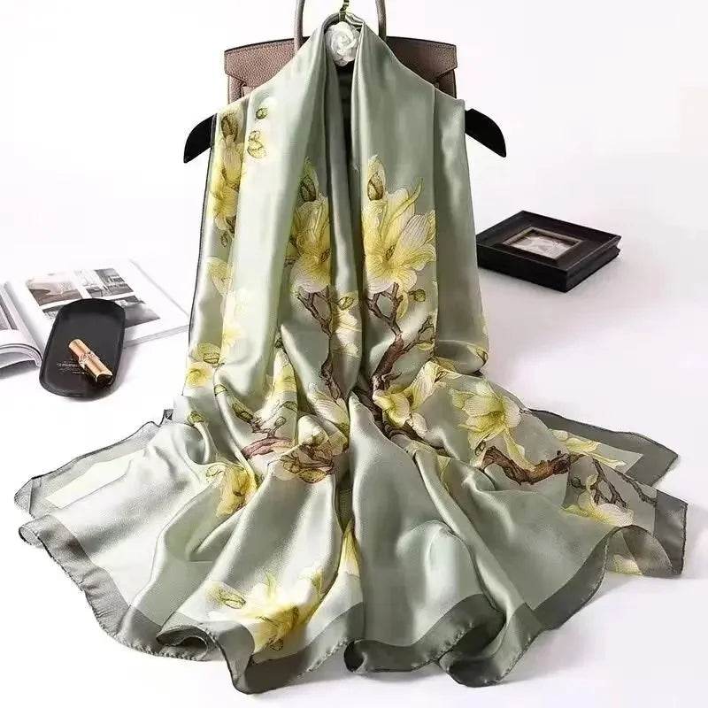 New Summer Women's Silk Scarf Sun Protection Satin Print Extra Long Beach Cover Up Decorative Mom's Shawl Fashionable Accessory - AIAZ