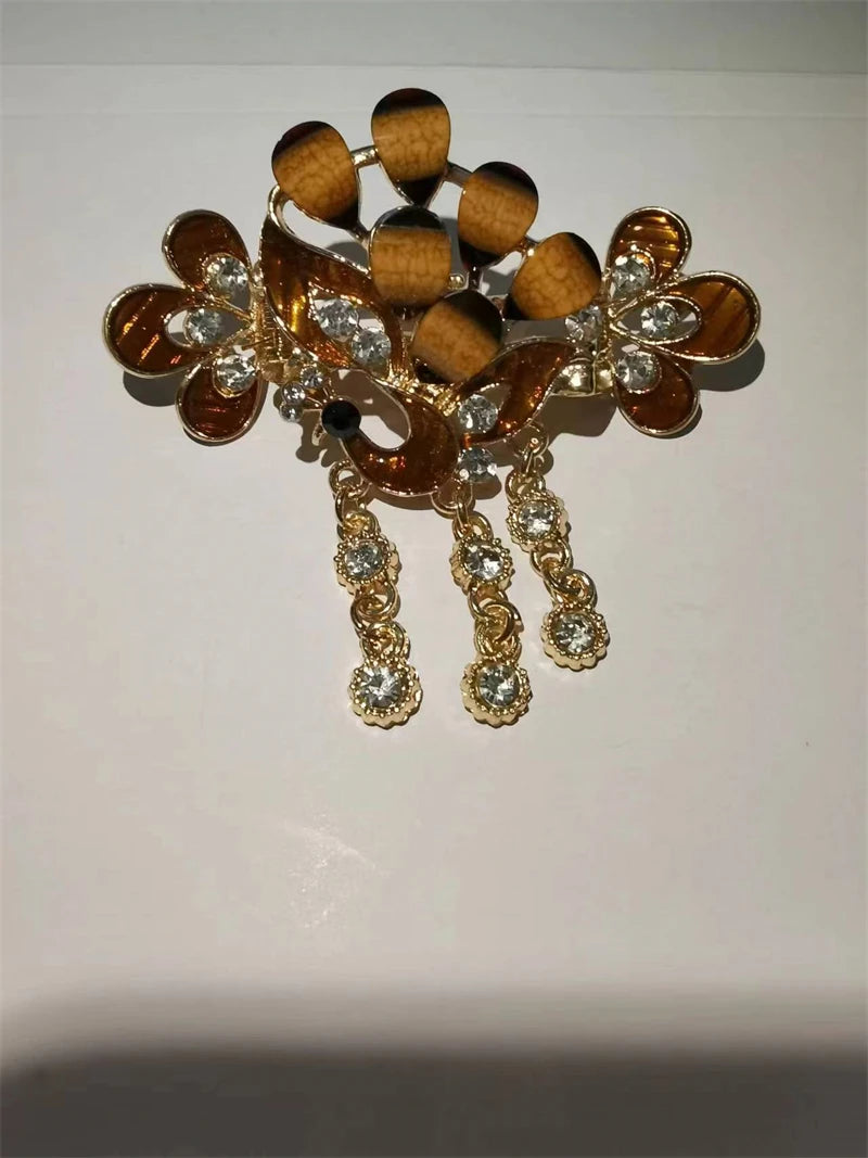 Red Crystal Flower Bow Spring Hairpin Vintage Ink Blue Rhinestone Horizontal Clip Top Clip Elegant Mom Fashion Hairpin Korean