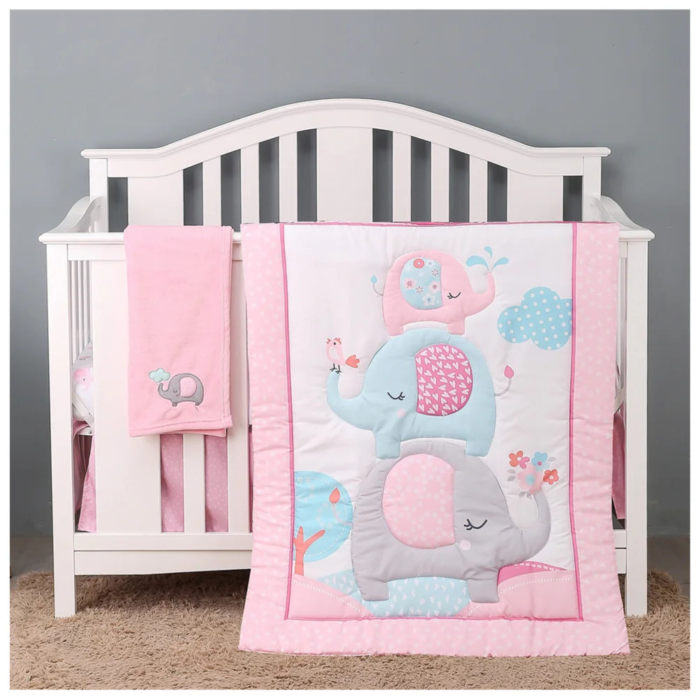 4Pcs Baby Bedding Crib Set Nursery Bedding Set Cot Bedding Set Infant Nursery Room (Comforter Fitted Sheet Crib Skirt Blanket)