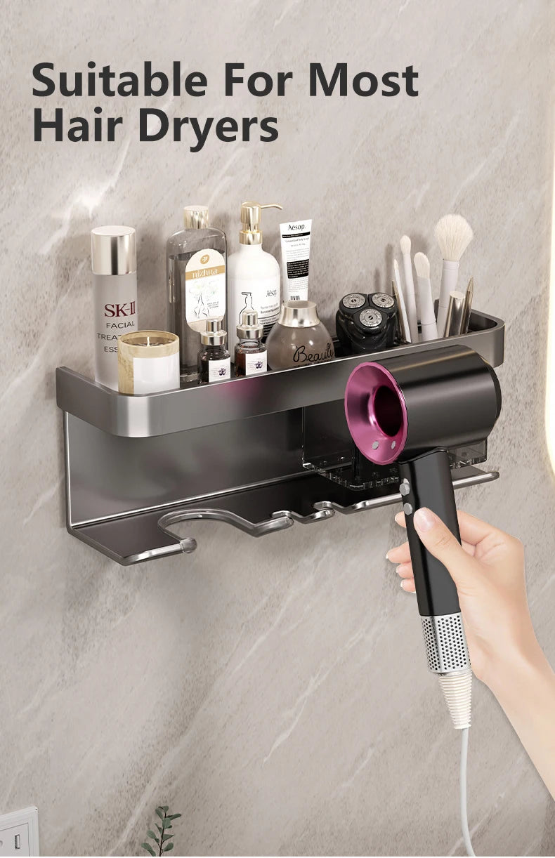 Hair Dryer Holder No punching Wall Mounted Bathroom Shelf Makeup Storage Organizer With Storage Box Aluminum Hair Dryer Rack