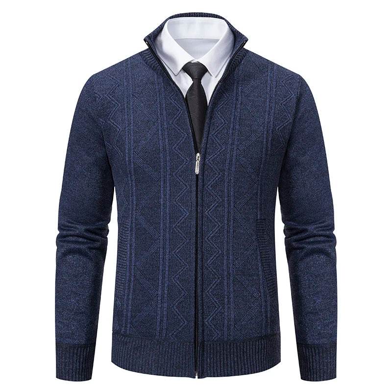 Thickened jacket men's autumn and winter warm trend line stand collar knitted cardigan sweater coat - AIAZ