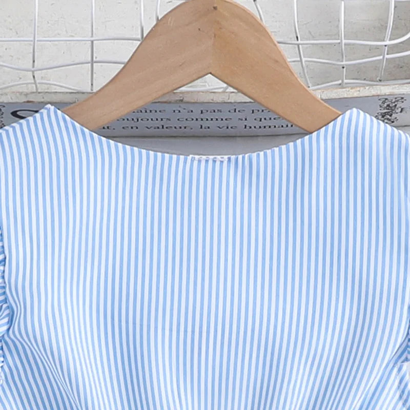 Girl Dress Summer New Light Blue Stripe Ruffled Sleeveless V-Neck Dress Elegant Cute Daily Casual Vacation Preppy Style Outifits