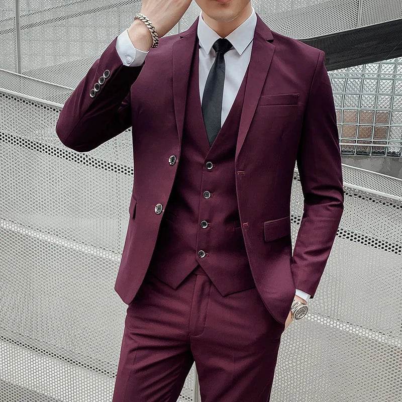 Suit (Blazer+ Vest + Pants) Men's Business Gentleman Fashion Slim Work Solid Color Plus Size Fair Dress Wedding Best Man Suit - AIAZ