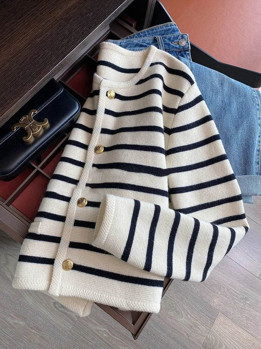 Women Stripe Knitted Cardigans Spring Autumn O-neck Single Breasted Long Sleeve Crop Tops Fashion Casual Chic Female Sweaters - AIAZ