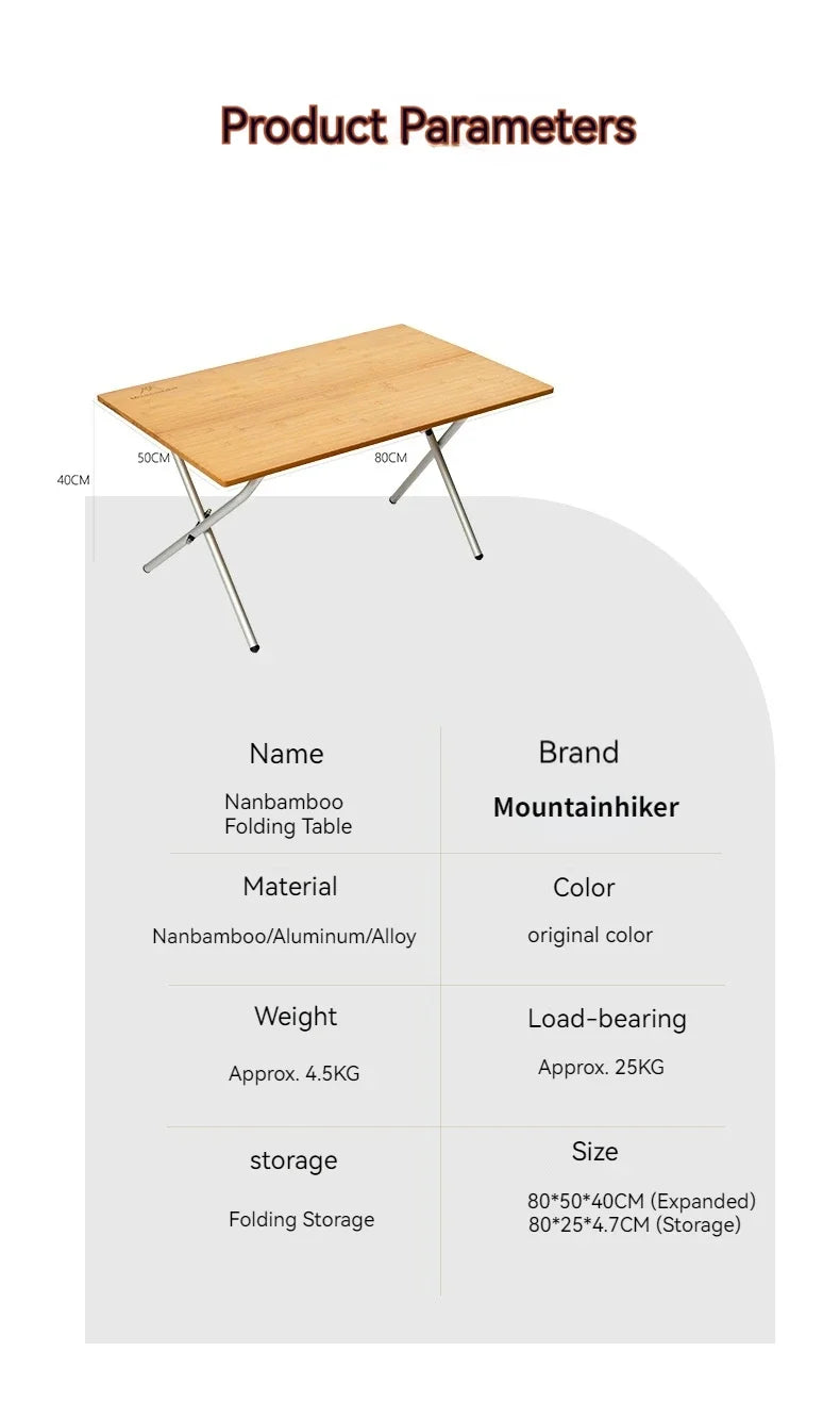 MOUNTAINHIKER Outdoor Camping Bamboo Folding Table Portable Fast Storage Folding Desk Outdoor Dining Table Picnic BBQ Table