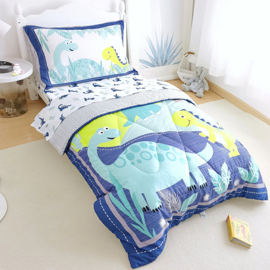 Toddler Comforter Set For Boys Girls Reversible Dinosaur Crib Bed Sets-Comforter, Fitted Sheet,Flat Sheet,Pillowcase