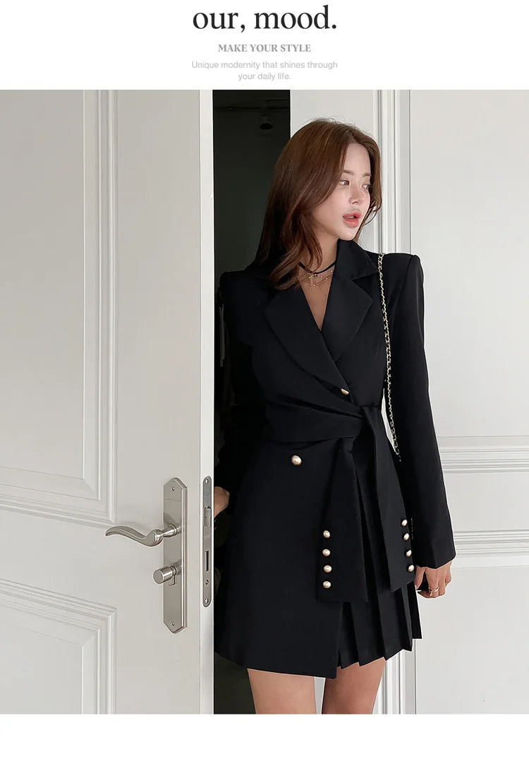 H Han Queen Autumn Winter Dresses Korean Lace-Up Professional Jacket Vestido Elegant Fashion Slim Office Party Casual Dress