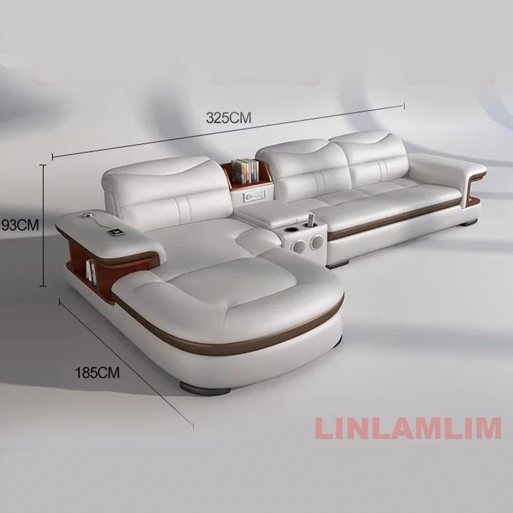 Modern L-Shaped Sectional Sofa with Chaise, Luxury Italian Genuine Leather Couch with adjustable headrest, Storage, USB, Console