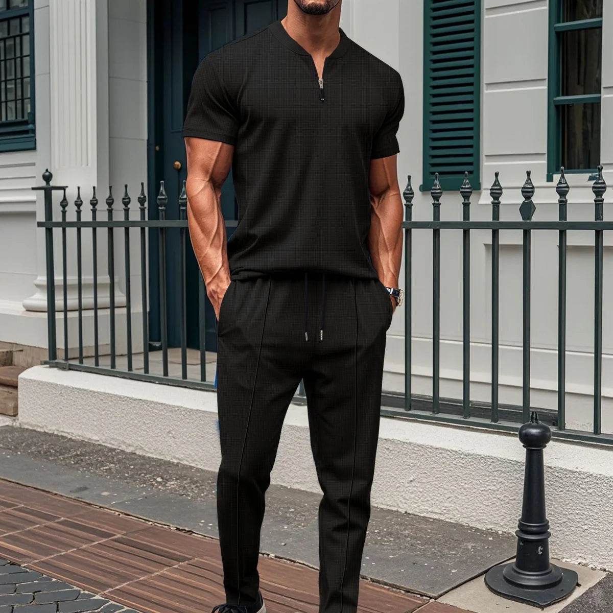 2025 Men's new summer suit Waffle collar solid color zipper short sleeve pants suit fashion casual loose sportswear - AIAZ