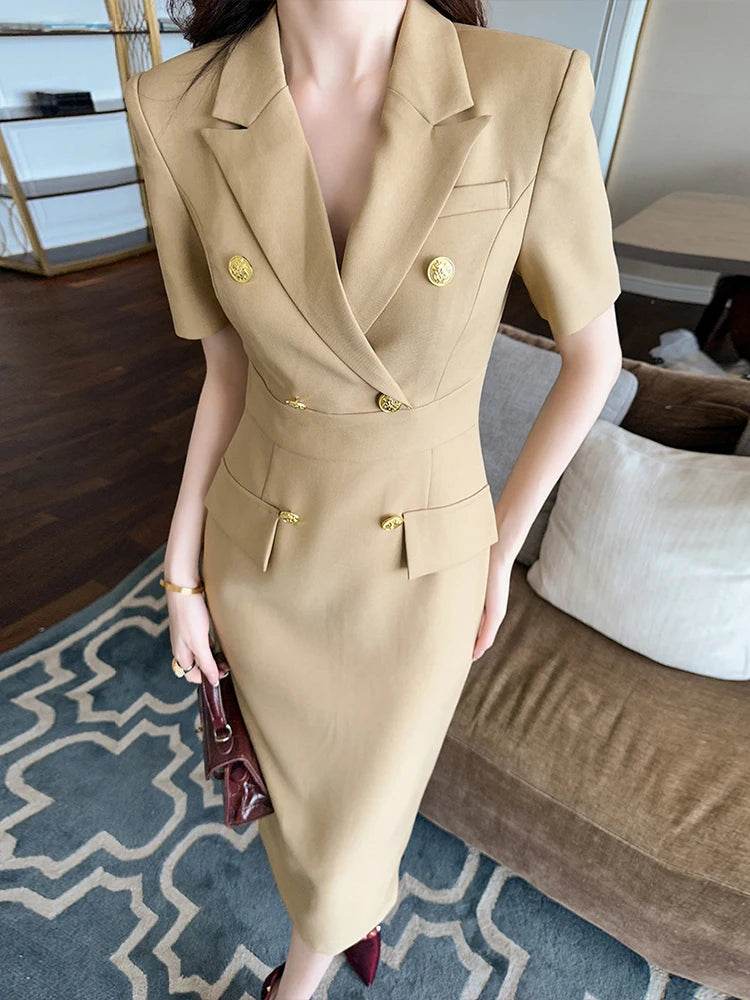 Fashion Elegant Business Dresses Women Clothes Sweet OL Professional Double Breasted Midi Robe Meeting Work Style Party Vestidos - AIAZ