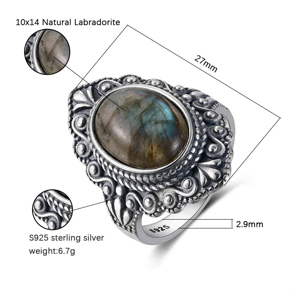 Retro Oval Natural Labradorite Rings for Women Men Silver Ring Finger Ring Retro Gemstone Rings Jewelry Party Gift