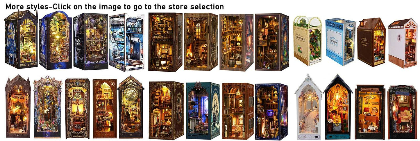 DIY Book Nook Shelf Insert Kit 3D Wooden Puzzle Doll House Assembly Building Model Bookends With Furniture LED Light Xmas Gifts - AIAZ