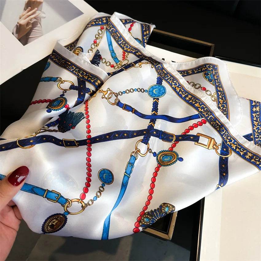 Luxury Chain Print Small Square Scarf Simulated Silk Thin Neck Scarf Fashion Sunscreen Headscarf For Women 70x70cm - AIAZ