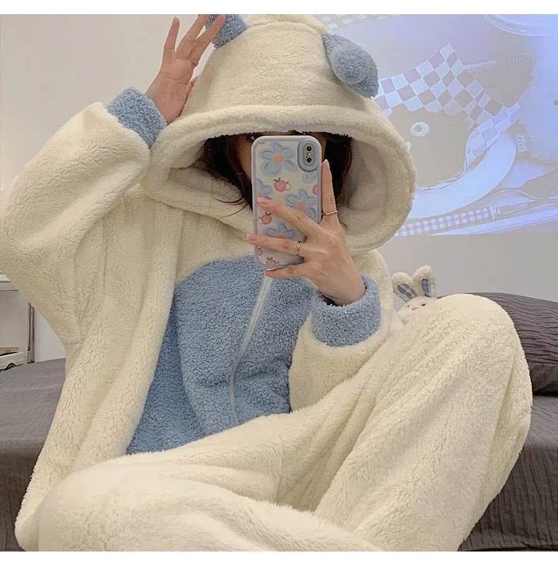 Winter Adult Kigurumis Women Pijama Onesie Jumpsuits Cartoon Sleepwear Pyjama Thicken Hoodie Korean Girls Leisure Wear Pajamas - AIAZ