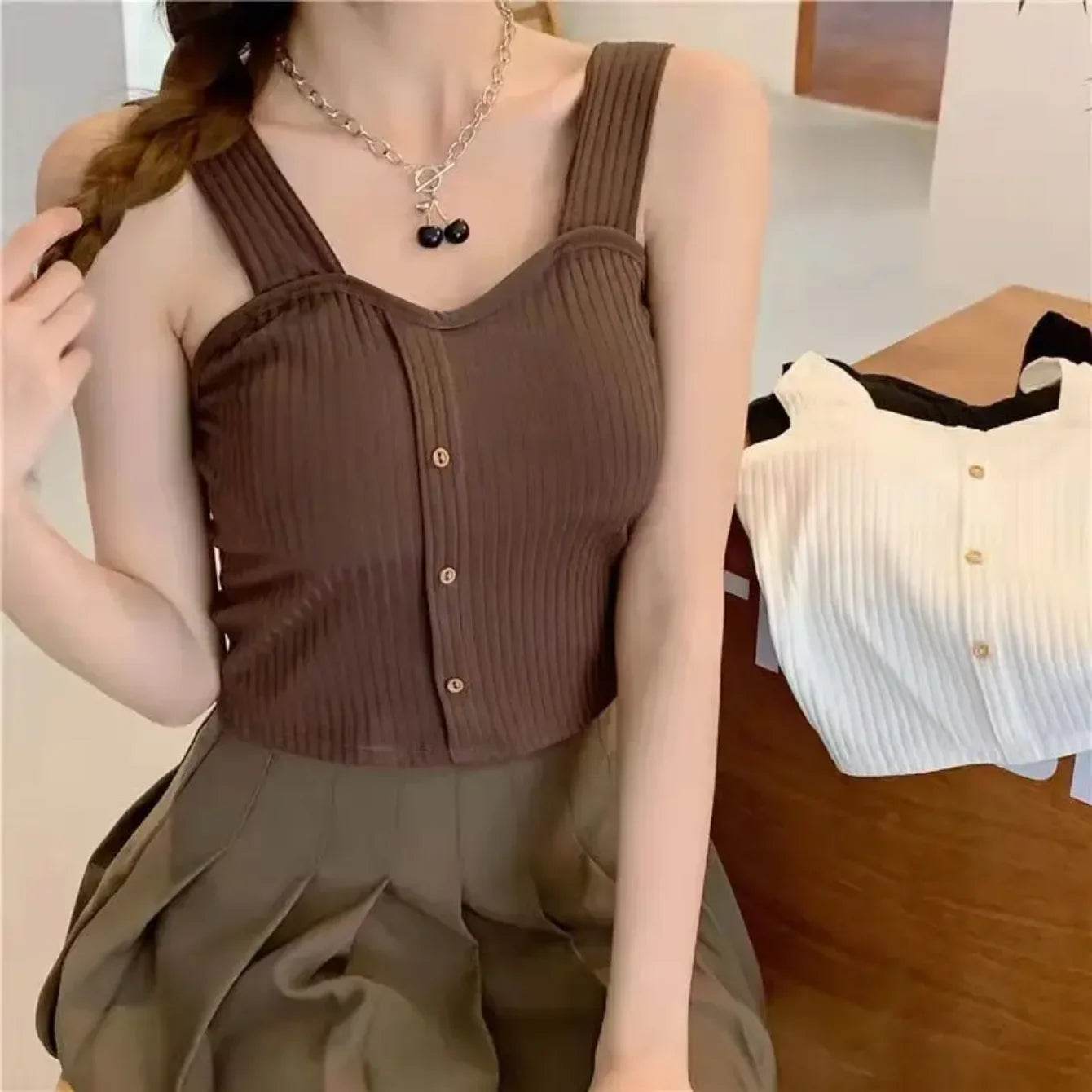 Women's Cropped Tops with Bra Pads Summer Corset Korean Suspenders Vest Sexy Camisole Slim - AIAZ