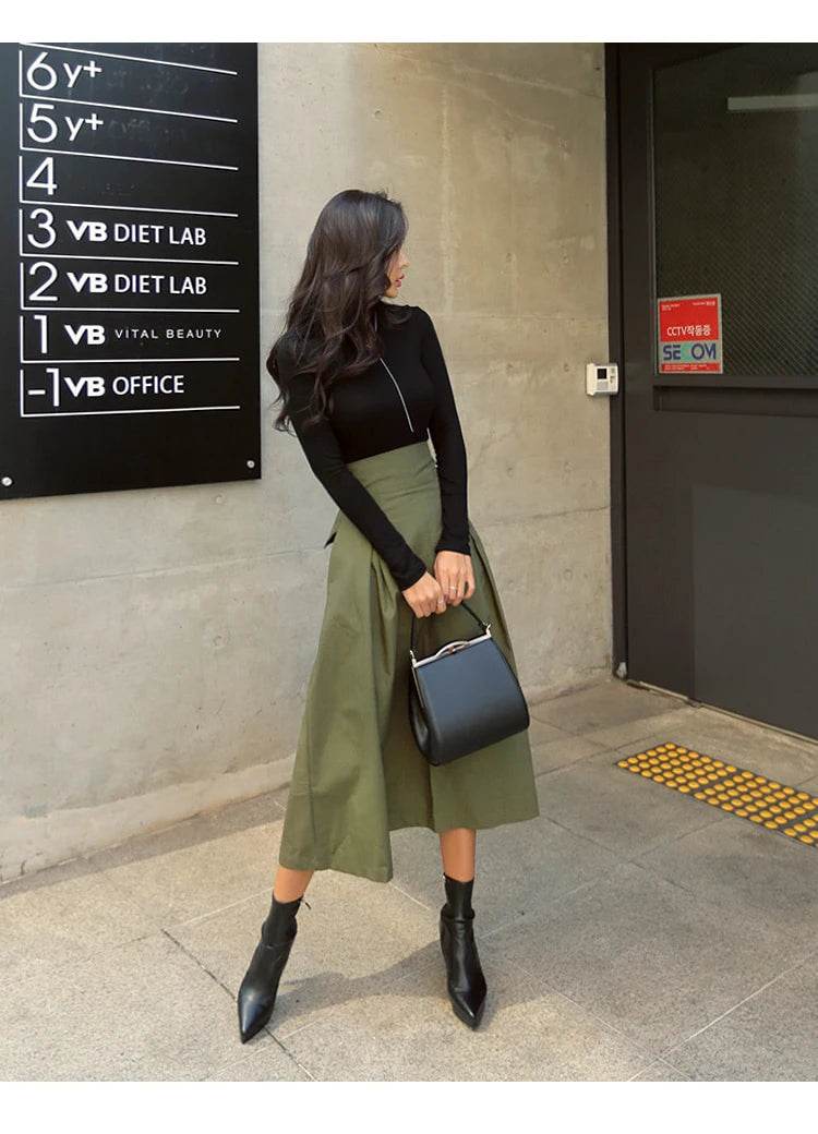 Skirts Womens Korean Fashion Solid Color Big Swing Ladies Skirt Long Skirt 2025 Autumn Wild High Waist Bow Slim Skirts - AIAZ