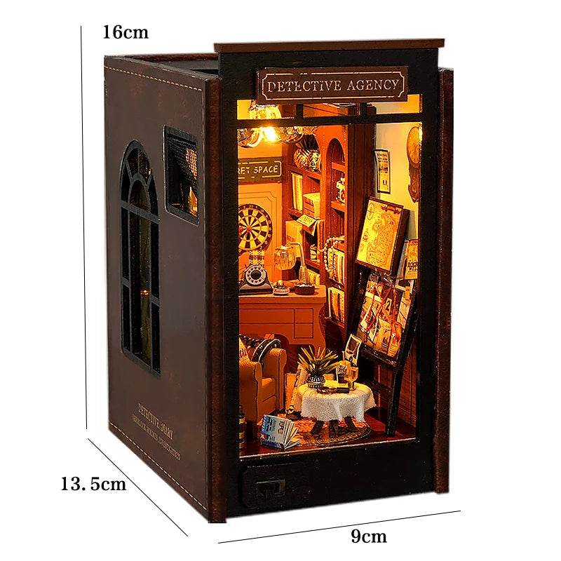 DIY Book Nook Shelf Insert Kit 3D Wooden Puzzle Doll House Assembly Building Model Bookends With Furniture LED Light Xmas Gifts - AIAZ