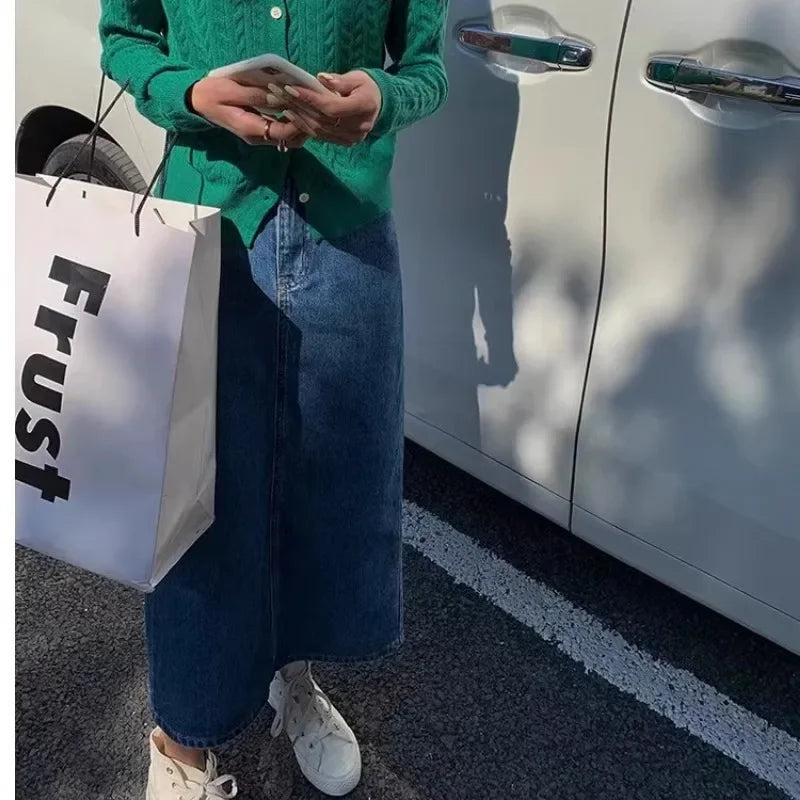 Maternity Skirt For Pregnant Women Denim Cotton Side Slit Medium Length Slimming Outerwear For Summer Spring Autumn