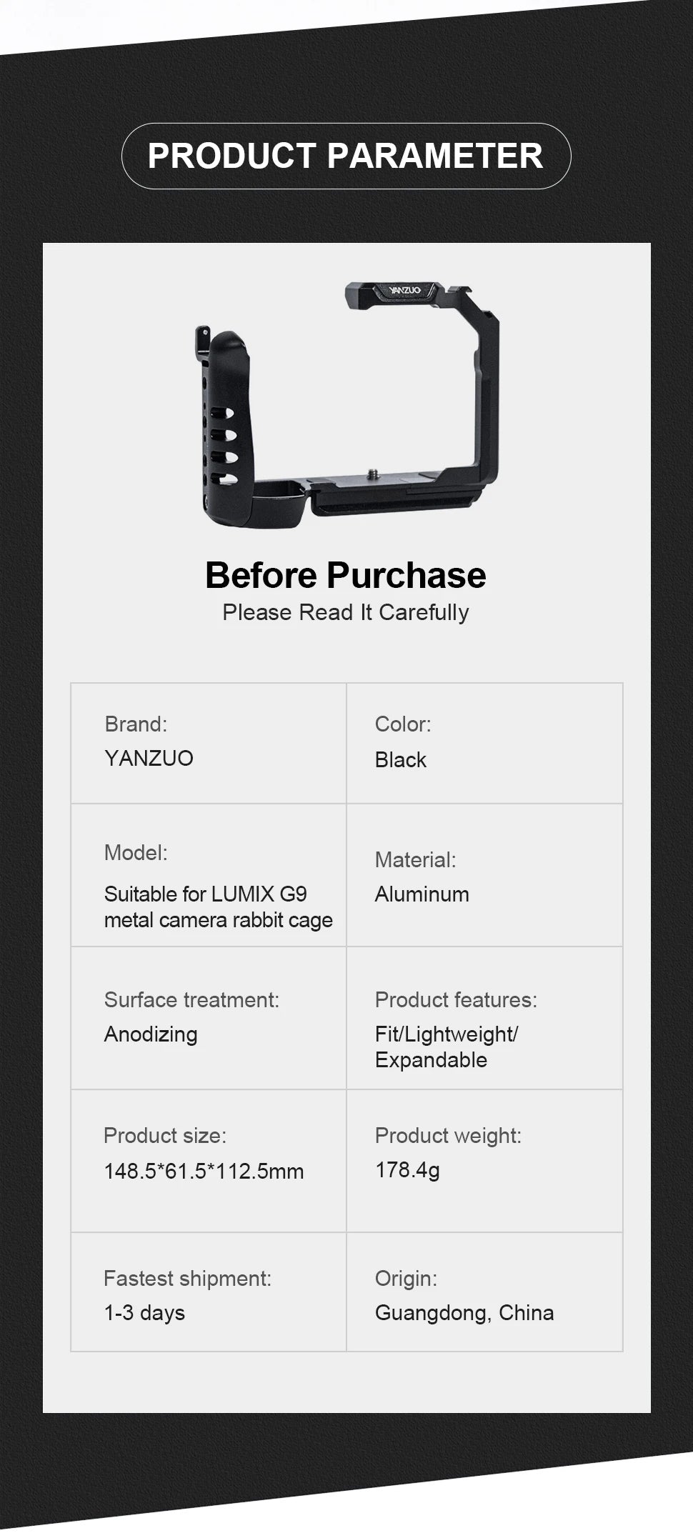 YANZUO Portable Camera G9 Rabbit Cage Kit Suitable For Panasonic Lumlx G9 Camera Metal Protective Frame 1/4 Hole Camera Cage