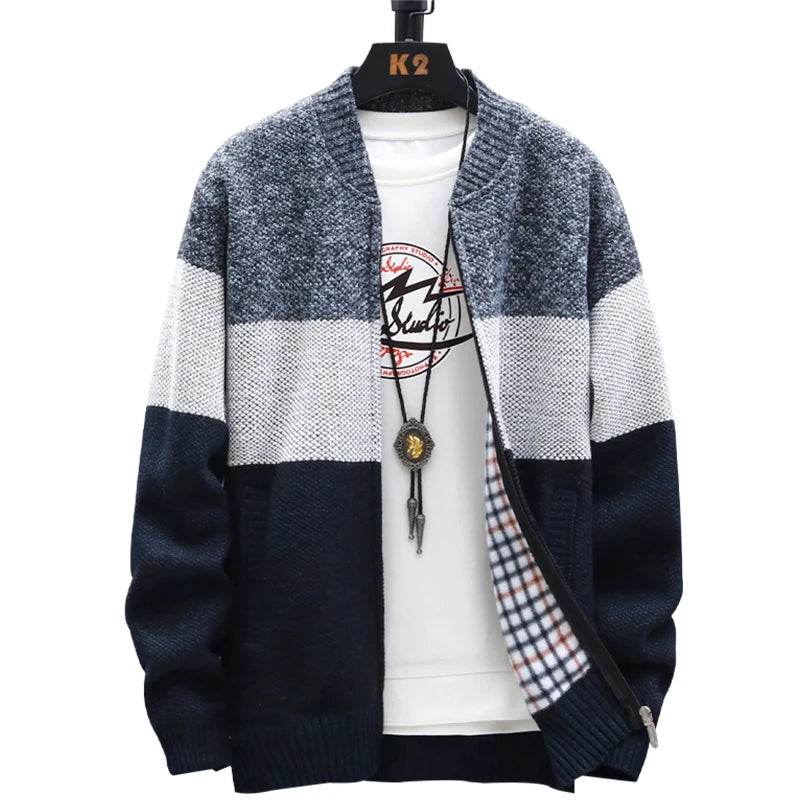 Autumn Winter Cardigan Sweater Men Fleece Zipper Sweaters Velvet Contrast Striped Sweater Coats Casual Jackets - AIAZ