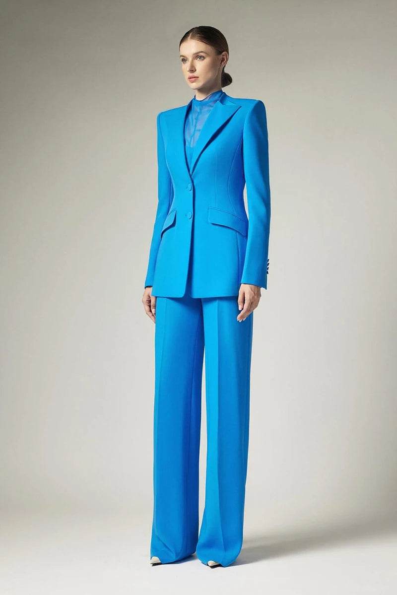Business Women Suit Set 2 Piece Blazer Jacket Solid Color Wide Leg Pants Fashion Blue Pantsuits Coat+Trousers Customize - AIAZ