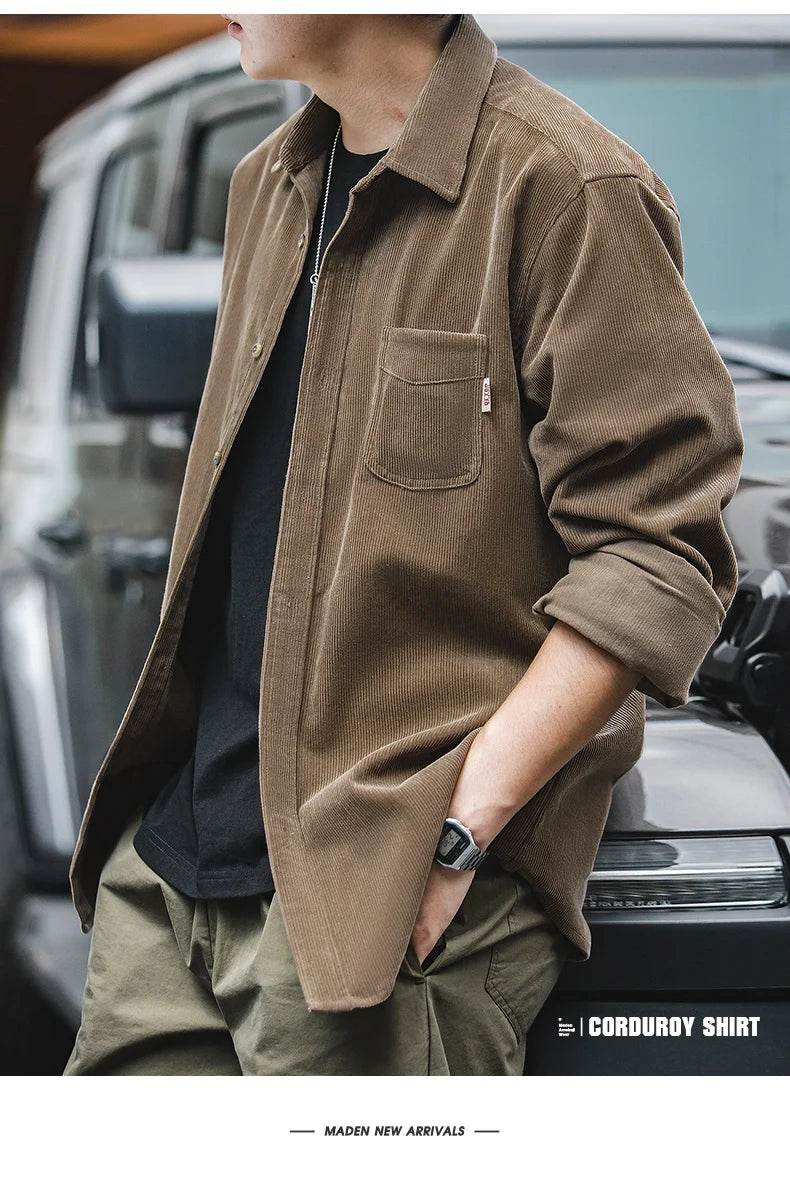 Maden Men's Shirt Casual Corduroy Long Sleeve Shirts Slim Fit Overcoat Spring Fleece Jacket Men's Clothing Retro Fashion Blouses - AIAZ