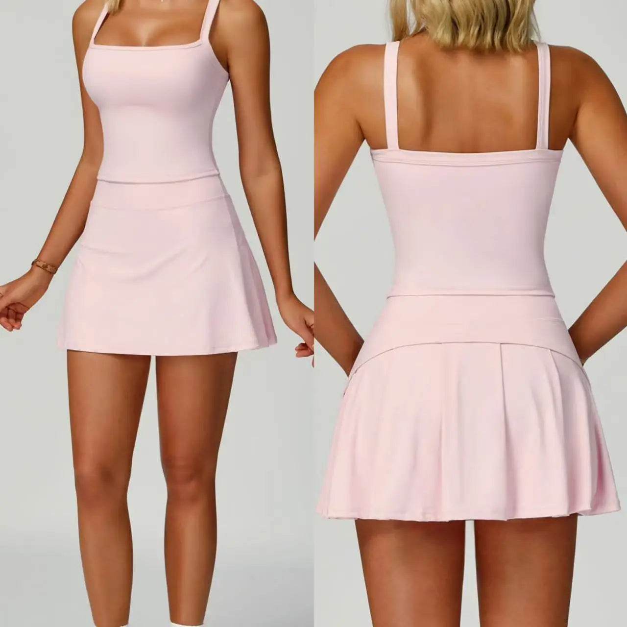 Tennis Top and Skirt Set Women Summer Sport Active Wear Badminton Golf Wear Yoga Outdoor Running Suit Black White Pink Skort - AIAZ