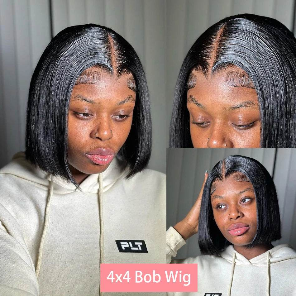 13x4 Straight Lace Frontal Bob Wig Human Hair Transparent 100% Human Hair 4x4 Lace Closure For Women Brazilian Wig 12 14 16 Inch - AIAZ