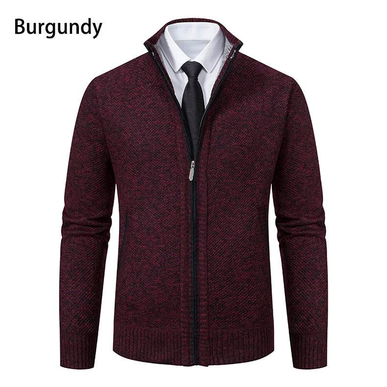 Autumn And Winter New Jersey Men's Casual Sports Coat Solid Color Stand Collar Wweater Grab Fleece Warm Zipper Cardigan - AIAZ