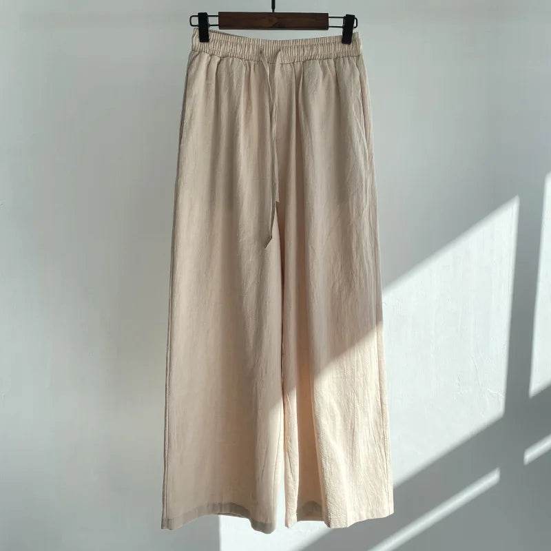 Pants Set Women Shirts Wide Leg Elastic Waist Cotton Linen Casual Sets Elegant Loose Long Sleeve Lapel Spring Shirt Y2k Suit - AIAZ