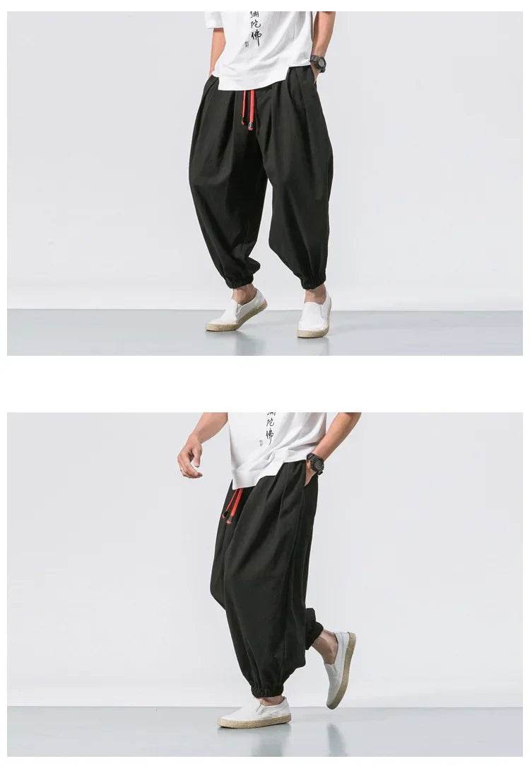 New Trendy Men Harem Pants Loose Oversized Style Cotton and Linen High Quality Jogger Sweatpants Casual Male Trousers - AIAZ