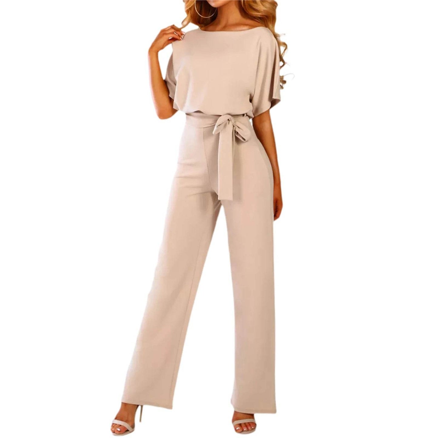 Women's clothing summer 2024 Jumpsuit, Elegant Short Sleeve Hollowed Waist Tie Solid Summer Wide Leg Pants - AIAZ