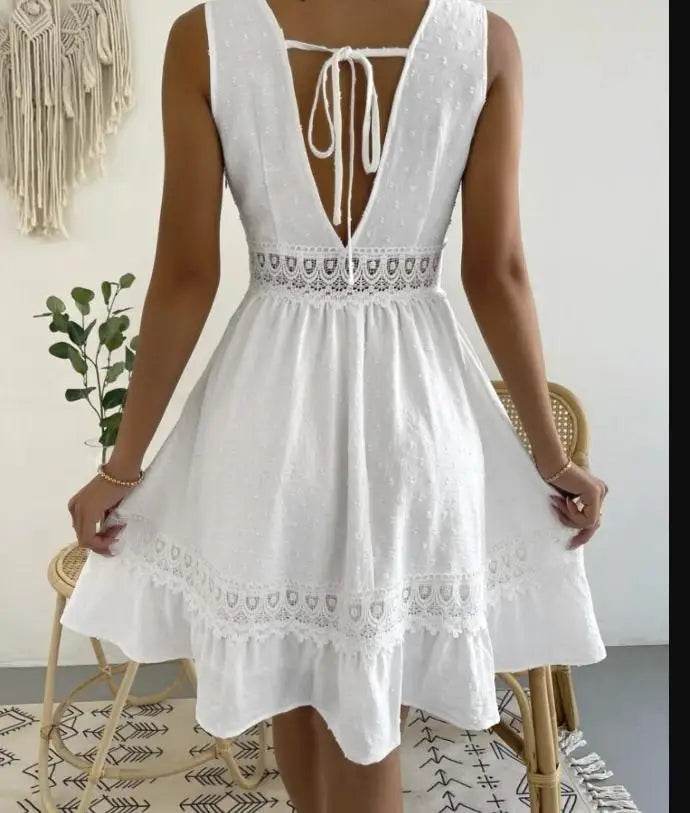 Women's White Party Dress Fashion Lace V-neck Ruffle Hook Flower Hollow Waist Mini Women Dresses Summer Sexy Prom Female Vestido - AIAZ