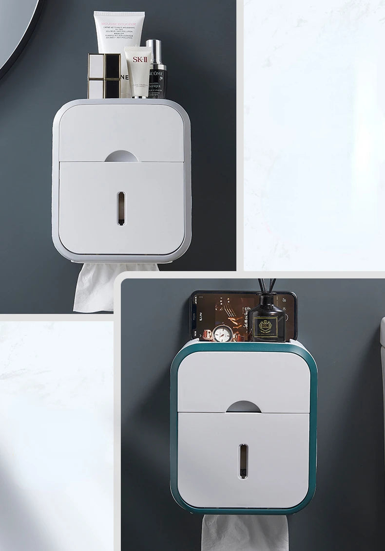 Toilet Paper Holder Box holder Bathroom Rack Waterproof Reel Tissue Storage Box Punch-free Kitchen Bathroom Storage Holder