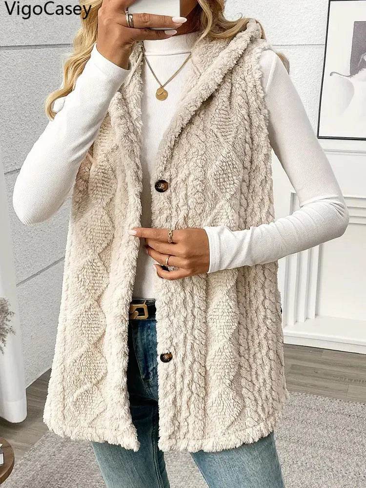 VigoCasey 2025 Casual Sleeveless Thick Vest Coat Woman Solid Hooded Warm Plush Waistcoat Lady Autumn Winter Apricot Vest Jacket - AIAZ