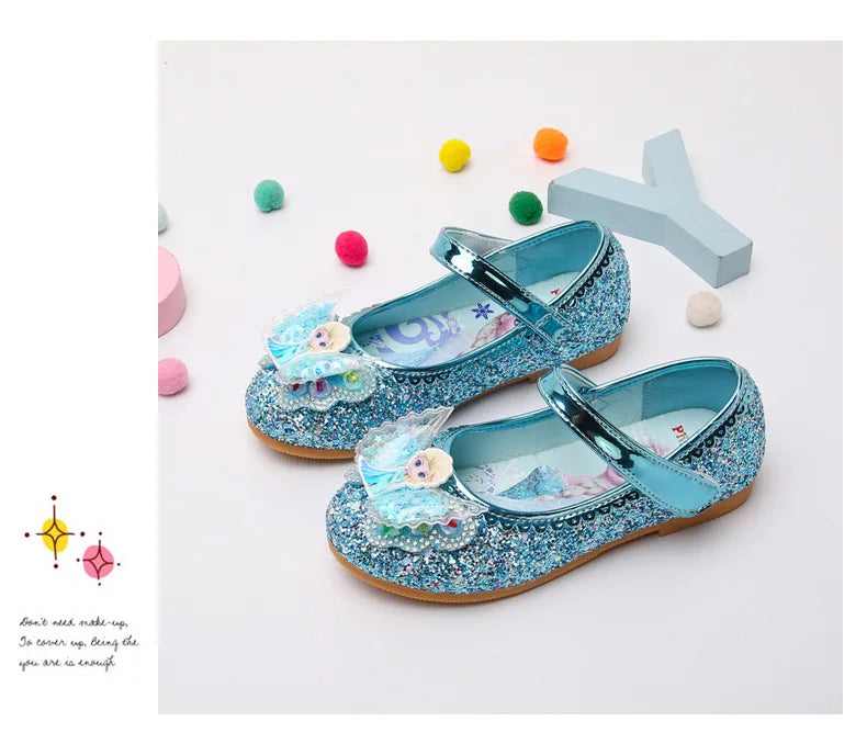 Disney Elsa Frozen Girls Princess Shoes Spring and Autumn Flat Paillette Shoes Children's Soft Sole Baby Casual Shoe Party Shoes