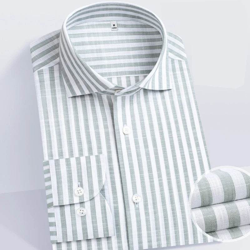 2025 Luxury Linen-Like Shirts Man Shirts Green Striped Shirts For Man Wrinkle Resistant Formal Shirt Luxury Designer Clothes Man - AIAZ
