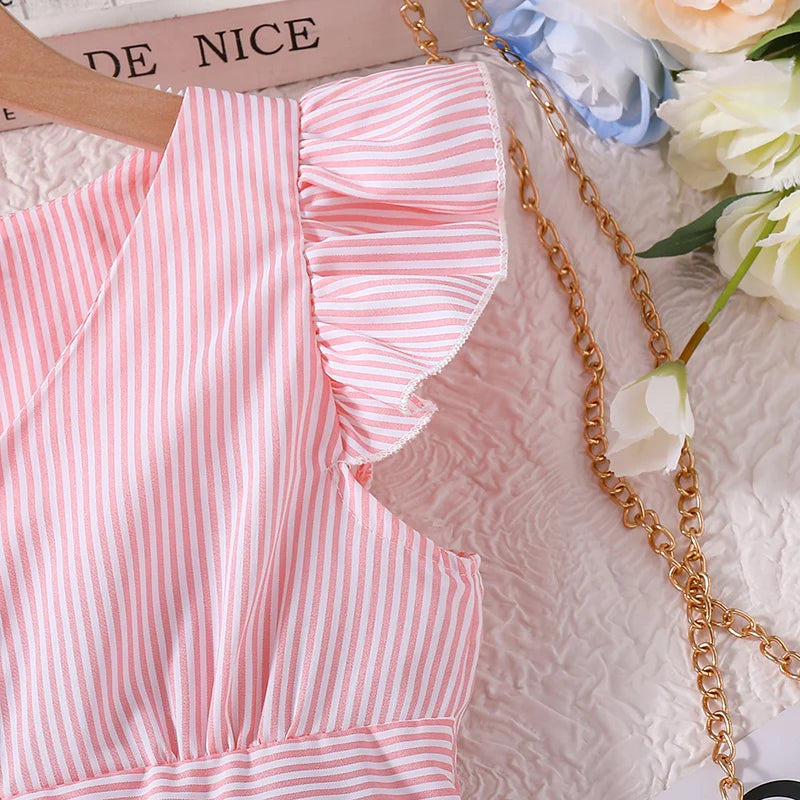 Girl Dress Summer New Light Blue Stripe Ruffled Sleeveless V-Neck Dress Elegant Cute Daily Casual Vacation Preppy Style Outifits