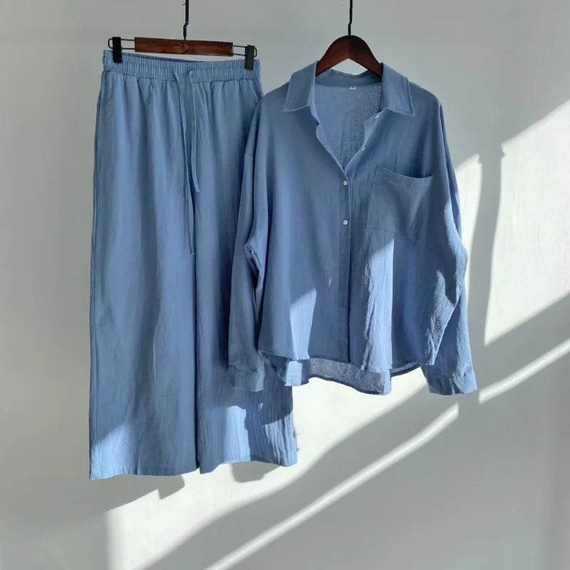 Pants Set Women Shirts Wide Leg Elastic Waist Cotton Linen Casual Sets Elegant Loose Long Sleeve Lapel Spring Shirt Y2k Suit - AIAZ