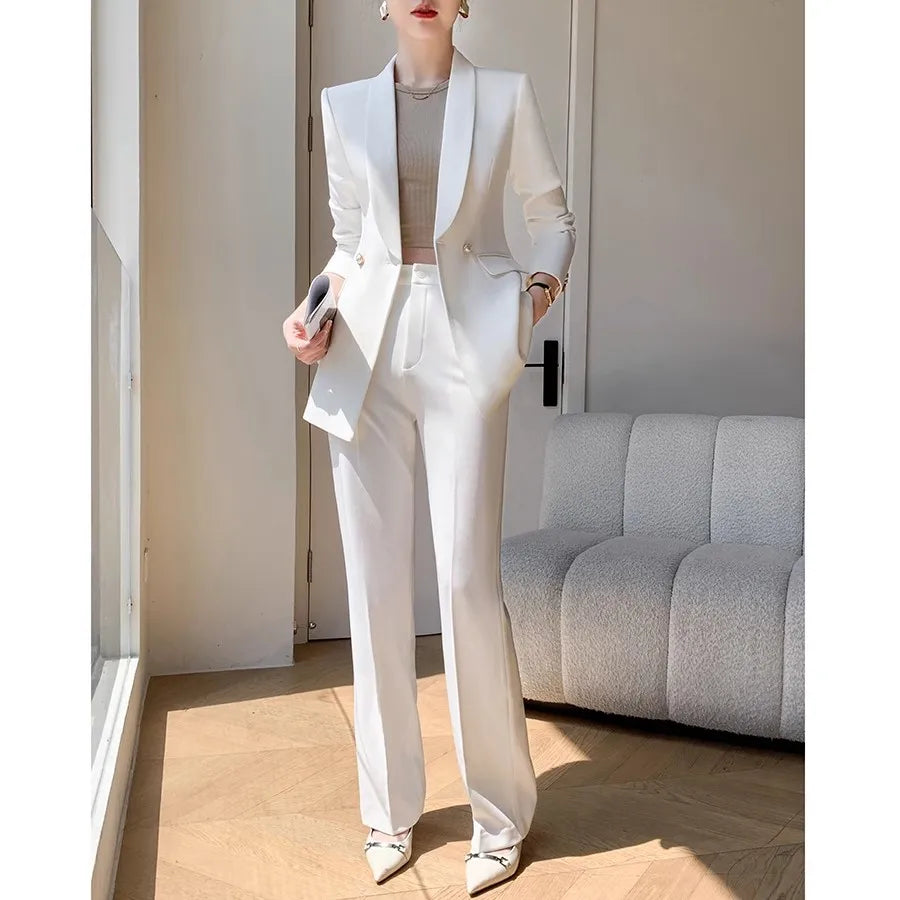 Solid White Suit Women 2025 New Spring Autumn Flares Pants High-Grade Slimming Business Clothing Sets Formal Suits Overalls