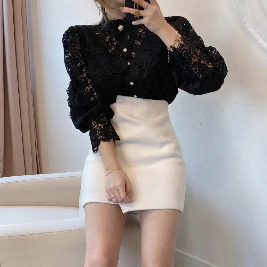 Women's Summer Lace Shirt Button White Top Fashionable Casual Top for Spring Autumn4107 - AIAZ