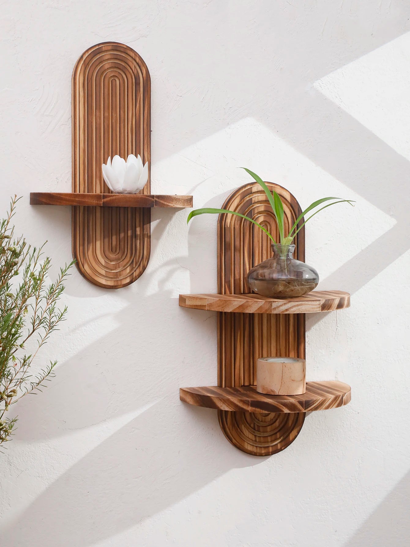 1/2-Tier Rustic Boho Wooden Wall Shelves - Charcoal Geometric Oval Wall-Mounted Shelves, Plants Display Stand, Home Decor Shelf