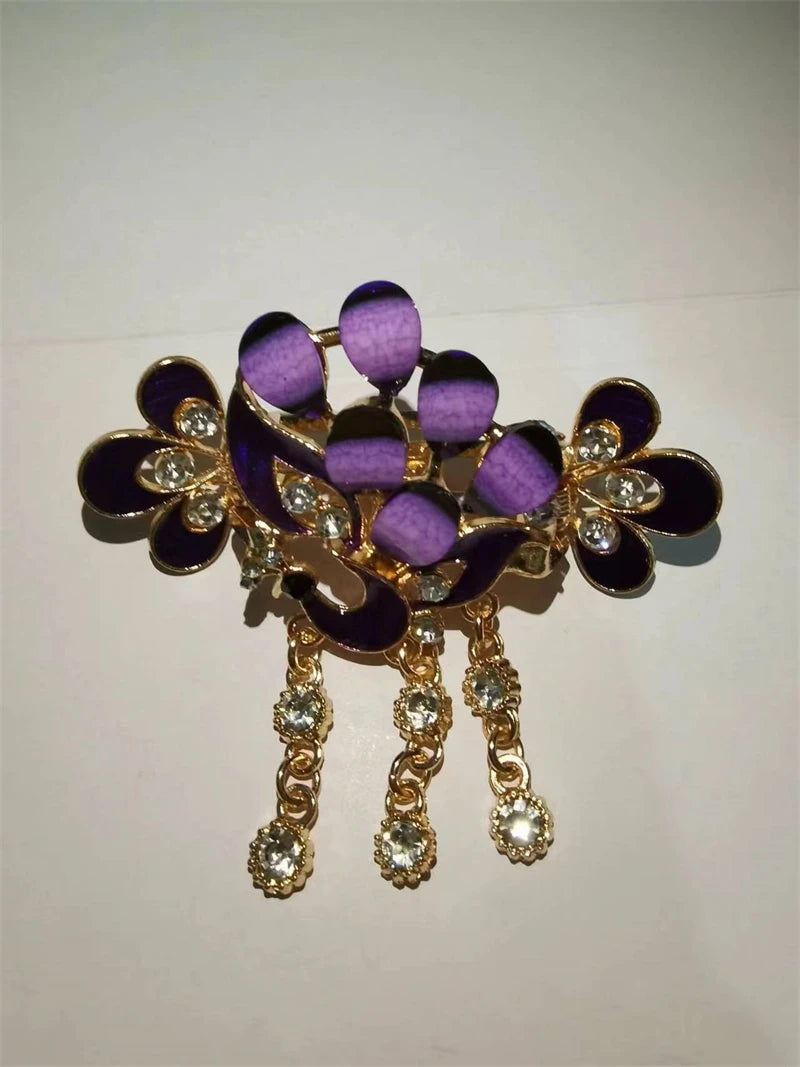 Red Crystal Flower Bow Spring Hairpin Vintage Ink Blue Rhinestone Horizontal Clip Top Clip Elegant Mom Fashion Hairpin Korean