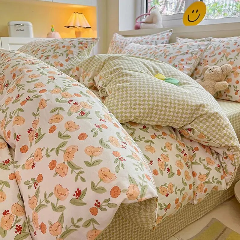 Pink Floral Bedding Set Soft Ins Single Double Queen Size Duvet Cover Flat Sheet Pillowcase Girls Home Totel Bed Linens