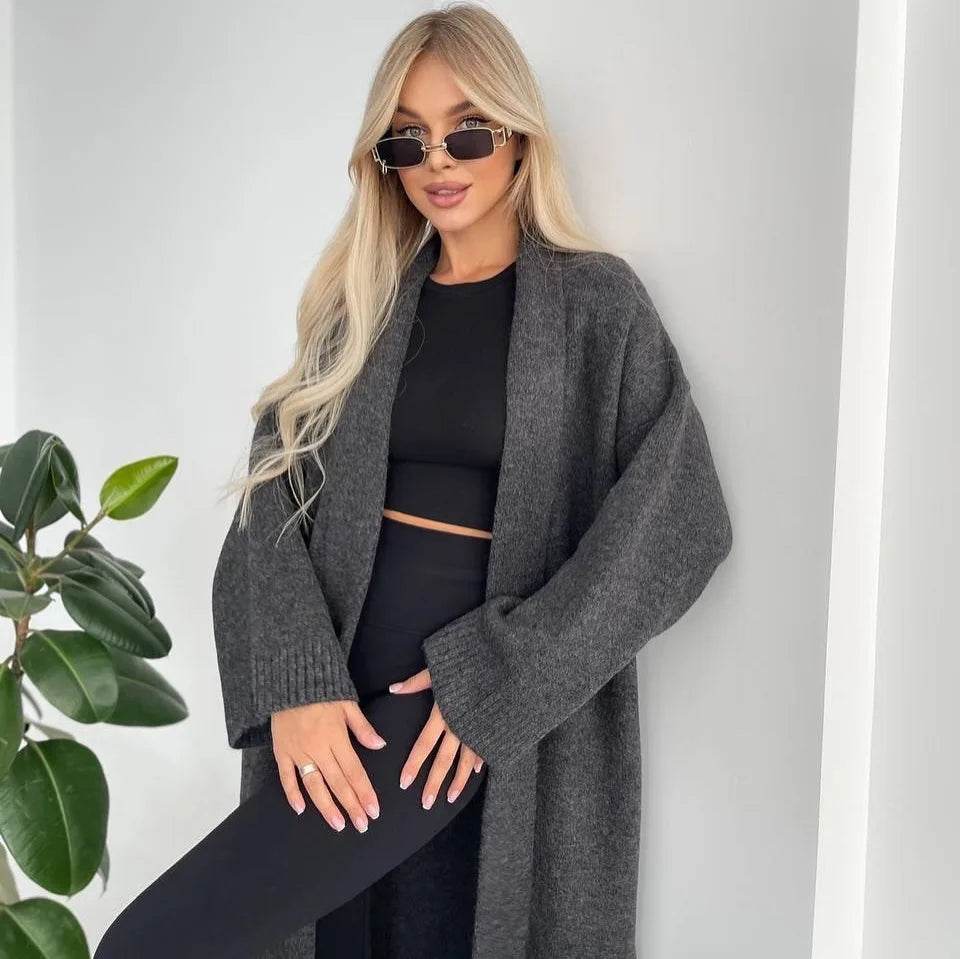 Women's Cardigan Wool Jacket Loose Retro Temperament Elegant Solid Color Collarless Knitted Long Sleeved Cardigan Jacket - AIAZ
