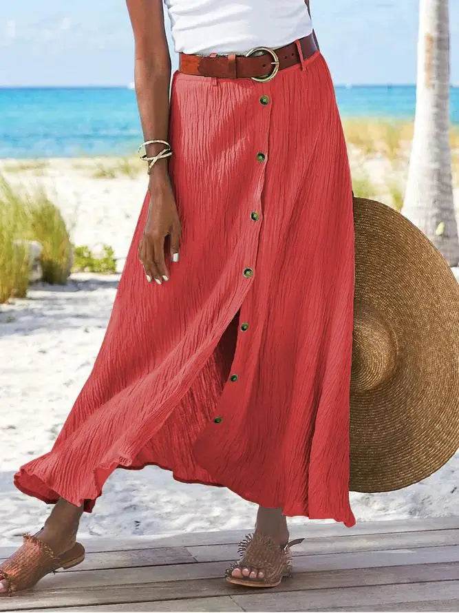 Women Skirt 2025 Spring Summer New Fashion Casual Cotton And Linen Solid Color Buttons Skirt Split A- Line Hip Waist Long Skirt - AIAZ