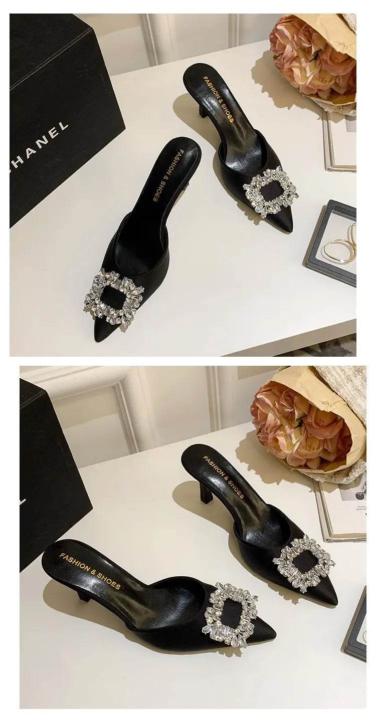 Women Sandals Summer New Slippers Pointed Toe Slingback Mules Shoes Woman Fashion Rhinestone Ladies High Heels Sexy Party Pumps - AIAZ