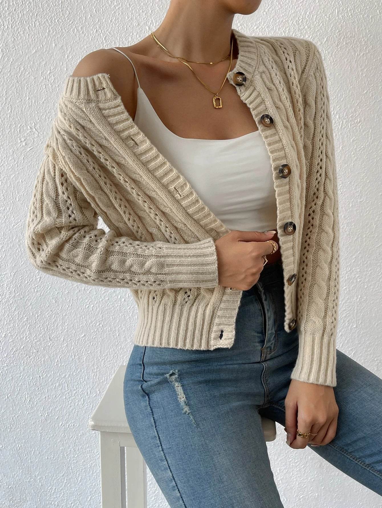 Women's Long Sleeved Cardigan Knitted Sweater Casual Autumn Winter Warm Knitwear Fashionable Women's Outerwear - AIAZ
