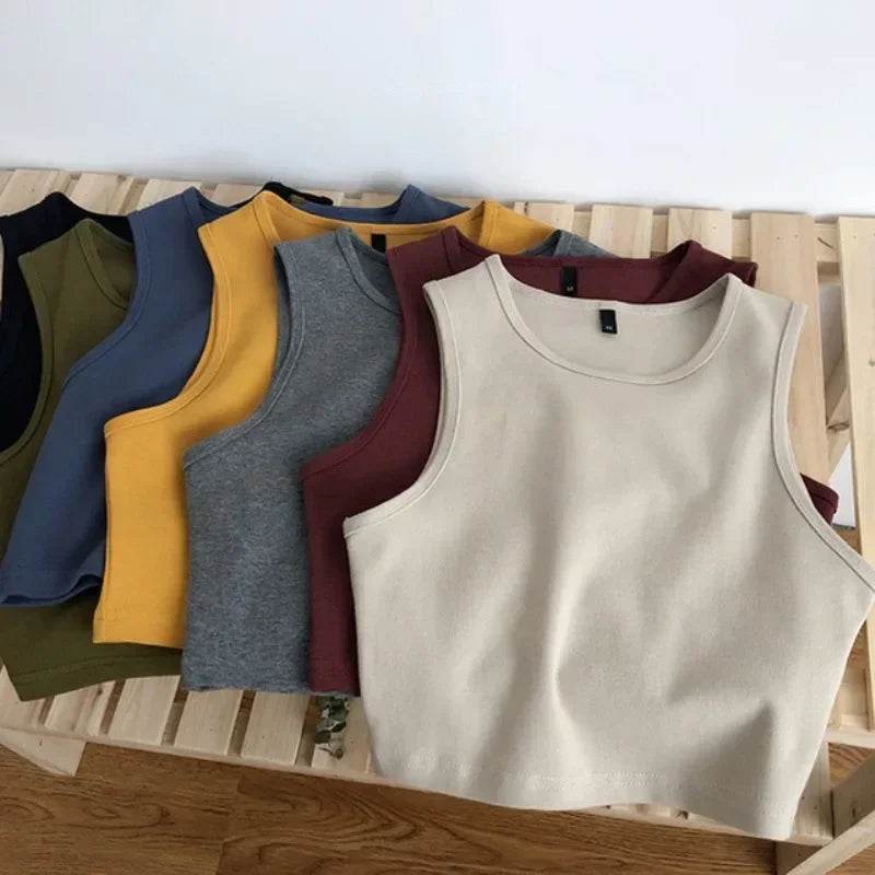 Summer Sleeveless Tops Women Retro White Crop Tops One-Piece Elastic Camisole Tank Tops Female Halter Vest Y2k Girls Slim Short - AIAZ